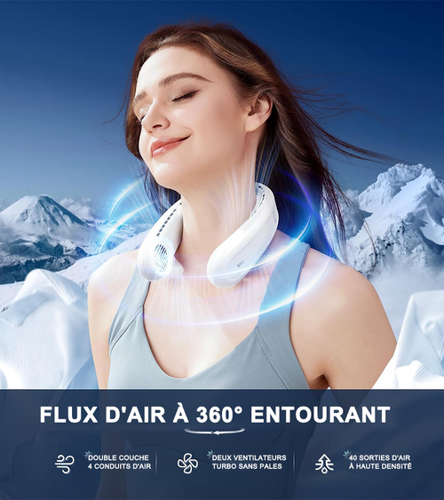 ❄️ Ventilateur de cou portable avec double refroidissement à semi-conducteurs❄️ | Flux d’air à 360° • Jusqu’à 8 h d’autonomie • 3 vitesses | Idéal pour l’été, les voyages et les activités en extérieur