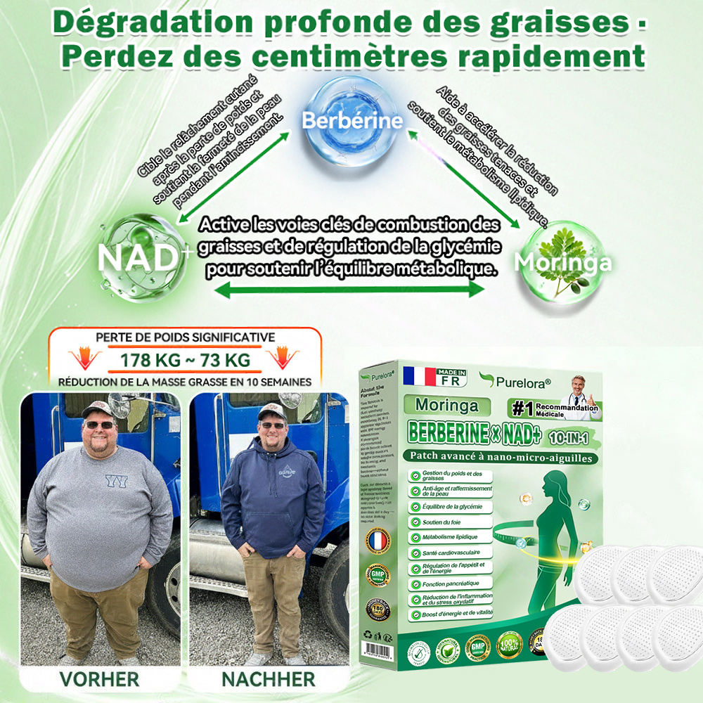🇫🇷 Nouveauté 2026丨 Purelora® Moringa Berbérine x NAD+ Patch Nano-Microneedle 10-en-1 Une application par jour, changements visibles dès 7 jours. Pour accompagner la gestion du poids et le bien-être global.