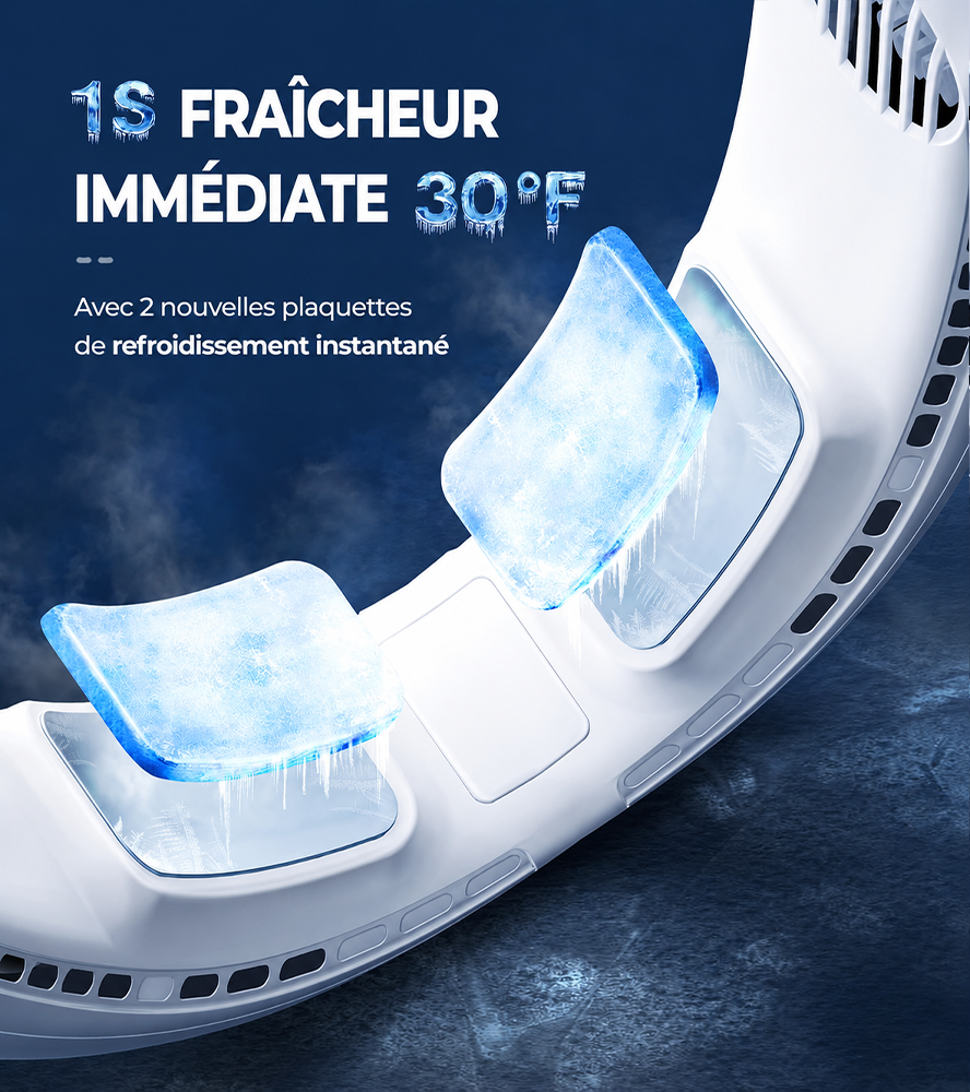 ❄️ Ventilateur de cou portable avec double refroidissement à semi-conducteurs❄️ | Flux d’air à 360° • Jusqu’à 8 h d’autonomie • 3 vitesses | Idéal pour l’été, les voyages et les activités en extérieur