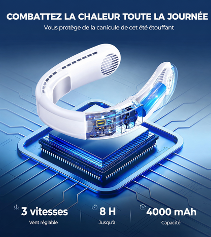 ❄️ Ventilateur de cou portable avec double refroidissement à semi-conducteurs❄️ | Flux d’air à 360° • Jusqu’à 8 h d’autonomie • 3 vitesses | Idéal pour l’été, les voyages et les activités en extérieur