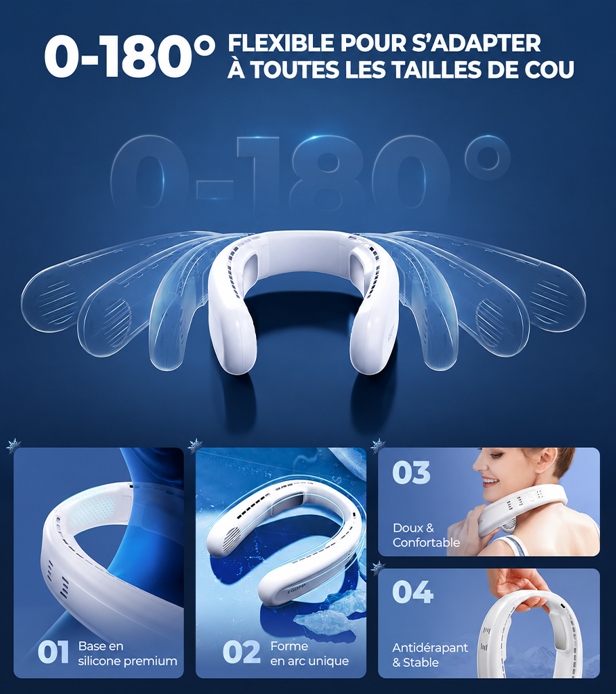 ❄️ Ventilateur de cou portable avec double refroidissement à semi-conducteurs❄️ | Flux d’air à 360° • Jusqu’à 8 h d’autonomie • 3 vitesses | Idéal pour l’été, les voyages et les activités en extérieur