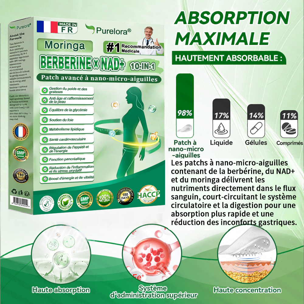 🇫🇷 Nouveauté 2026丨 Purelora® Moringa Berbérine x NAD+ Patch Nano-Microneedle 10-en-1 Une application par jour, changements visibles dès 7 jours. Pour accompagner la gestion du poids et le bien-être global.